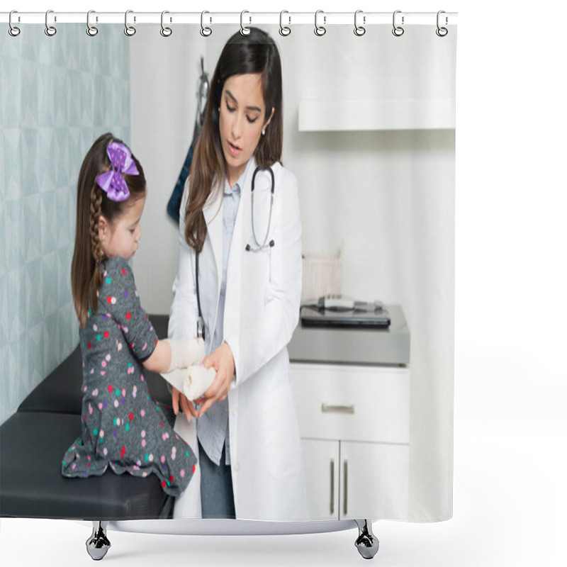 Personality  Confident Female Pediatrician Putting Bandage On Little Girl's Arm Sitting On Examination Table In Her Office Shower Curtains