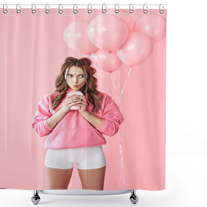 Personality  Trendy Young Woman Drinking Milk Shake Over Pink Balloons Background. Shower Curtains