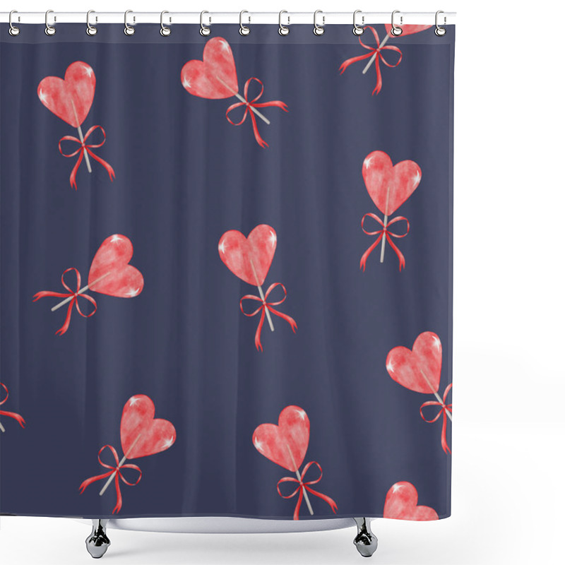 Personality  Heart-shaped Lollipops Pattern On Navy Background Creating A Festive Atmosphere For Celebrations And Special Occasions Shower Curtains