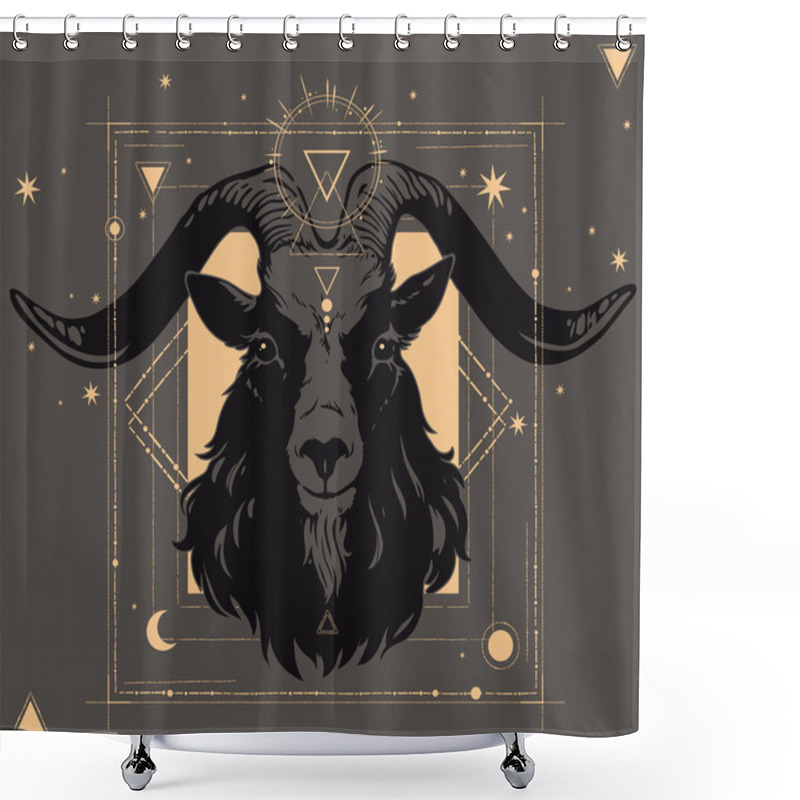 Personality  Sparkling Golden Goat Head With Alchemical Symbols Shower Curtains