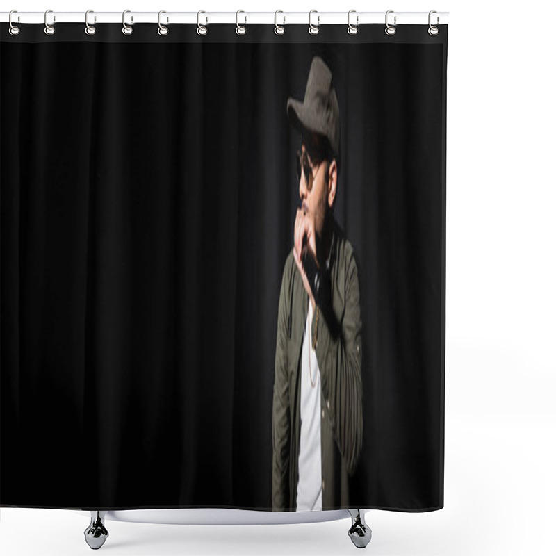 Personality  Middle East Hip Hop Singer In Cap And Sunglasses Singing Into Microphone On Black, Banner Shower Curtains