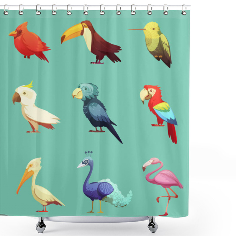 Personality  Exotic Tropical Birds Retro Icons Set Shower Curtains