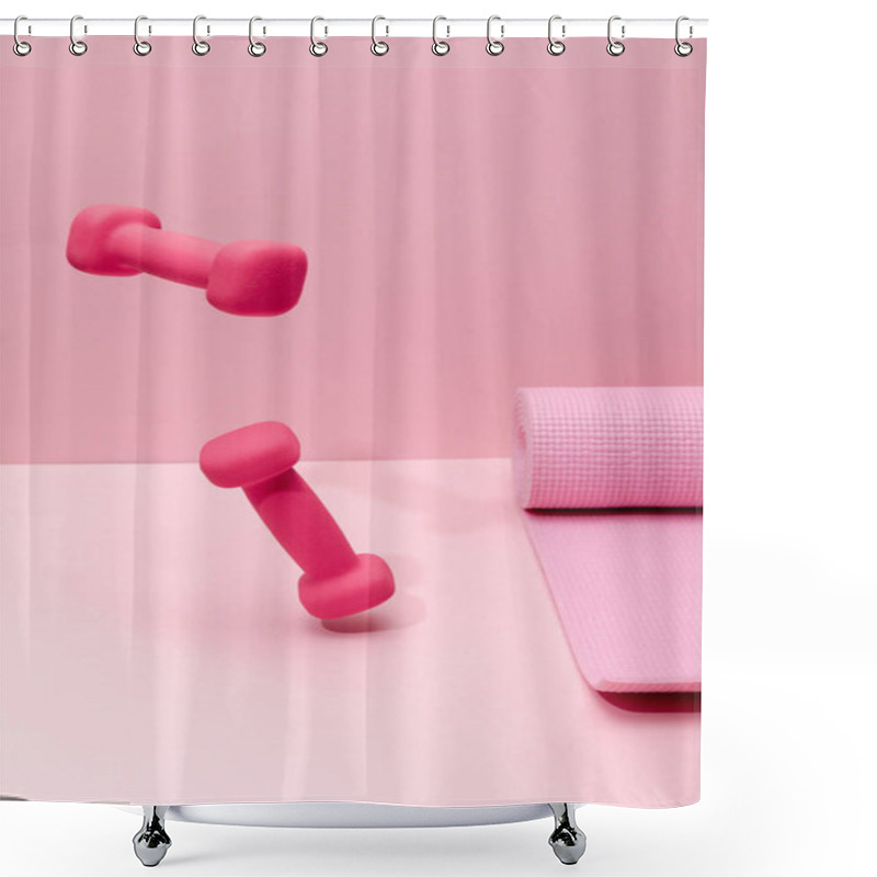 Personality  Pink Bright Dumbbells Levitating In Air Near Rubber Fitness Mat On Pink Background Shower Curtains