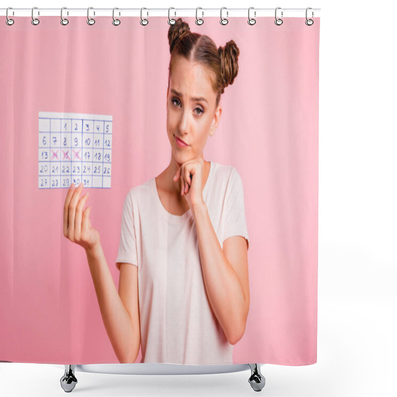 Personality  Portrait Of Puzzled, Scared, Uncertain Youth Lady In White T-shi Shower Curtains