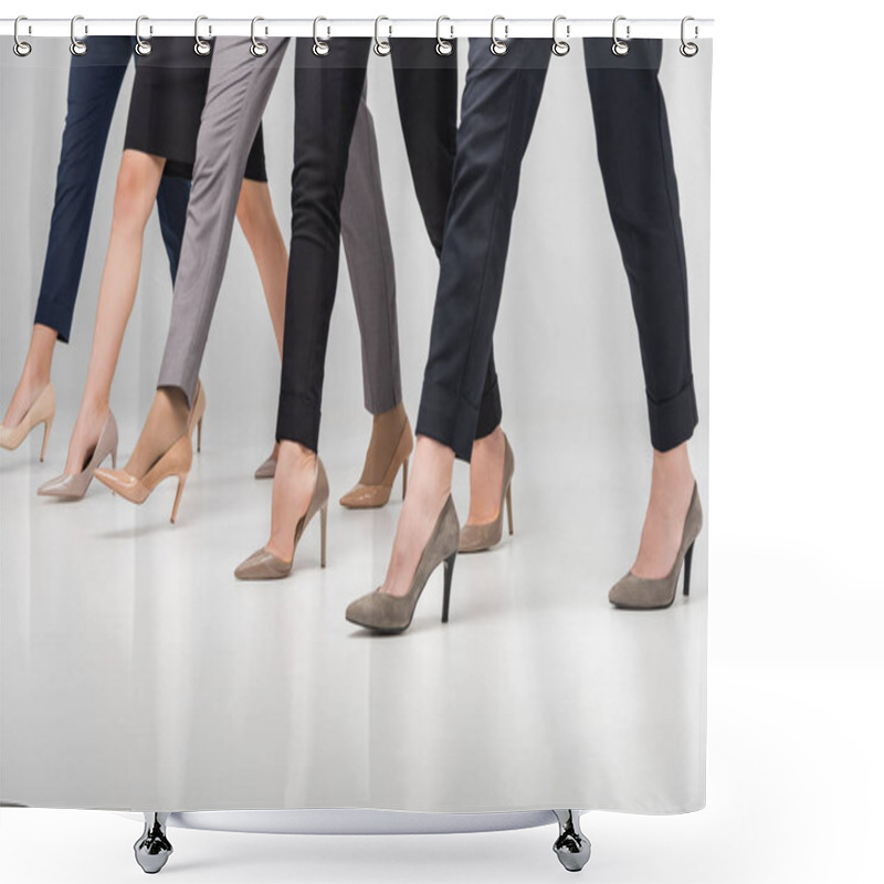 Personality  Cropped View Of Women Walking In High Heel Shoes On Grey Background Shower Curtains