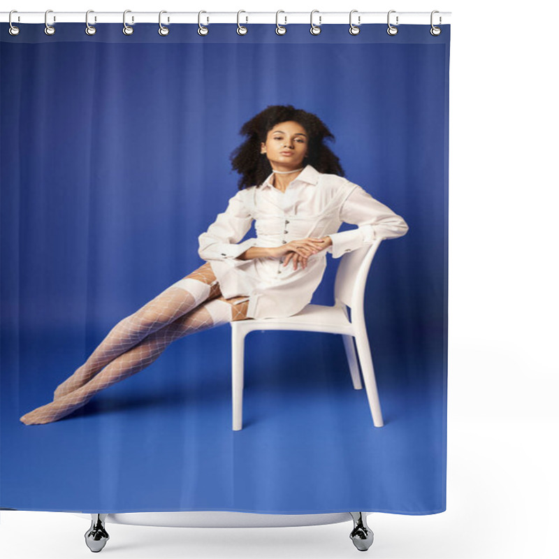 Personality  A Young Woman In White Stockings And A Dress Sitting Calmly In A Chair With Her Legs Crossed Against A Blue Studio Backdrop. Shower Curtains