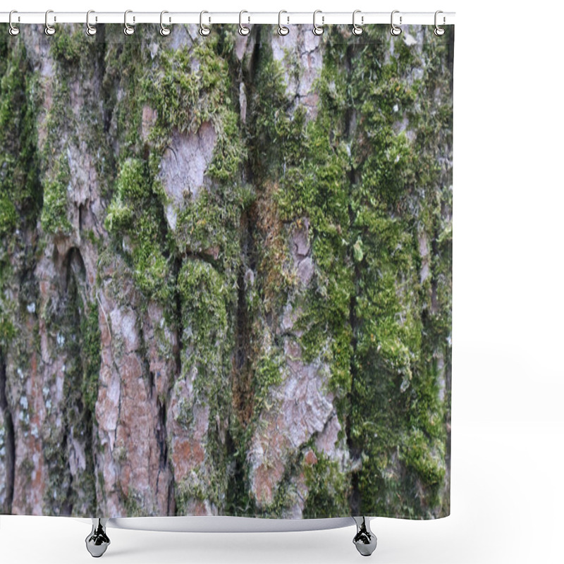 Personality  A Detailed Close-up Of Tree Bark Covered With Vibrant Green Moss, Showcasing Natural Textures And Organic Patterns In A Forest Environment Shower Curtains