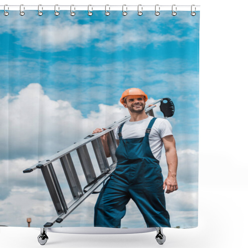 Personality  Happy Repairman Holding Ladder And Smiling Against Blue Sky With Clouds  Shower Curtains