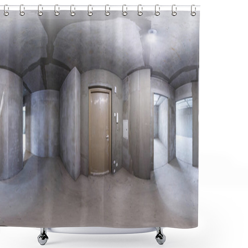 Personality  Full Spherical Seamless Panorama 360 Degrees Angle View Concrete Tenement Gray Walls In Empty Flat Room In Apartment Without Repair In Equirectangular Equidistant Projection, VR AR Content Shower Curtains