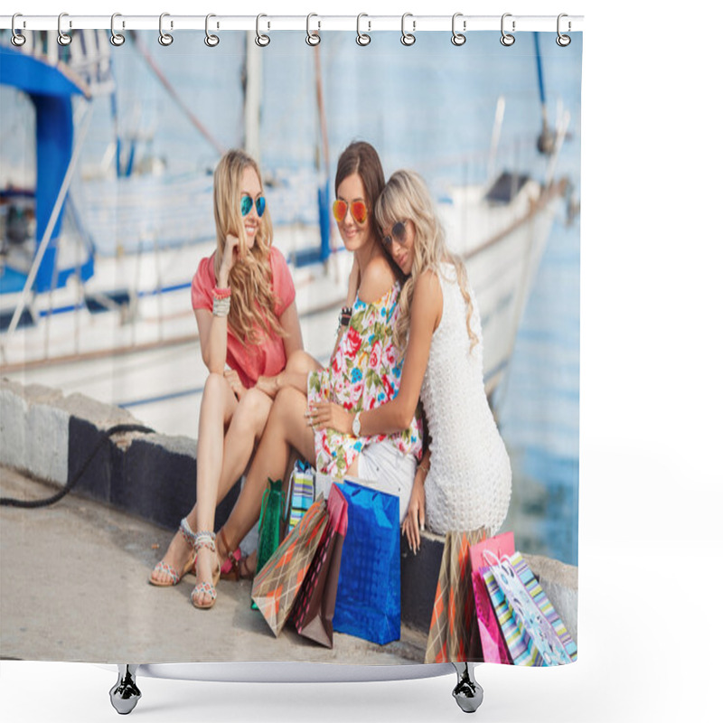 Personality  Summer Holiday Near The Sea Three Happy Girl Friends Shower Curtains