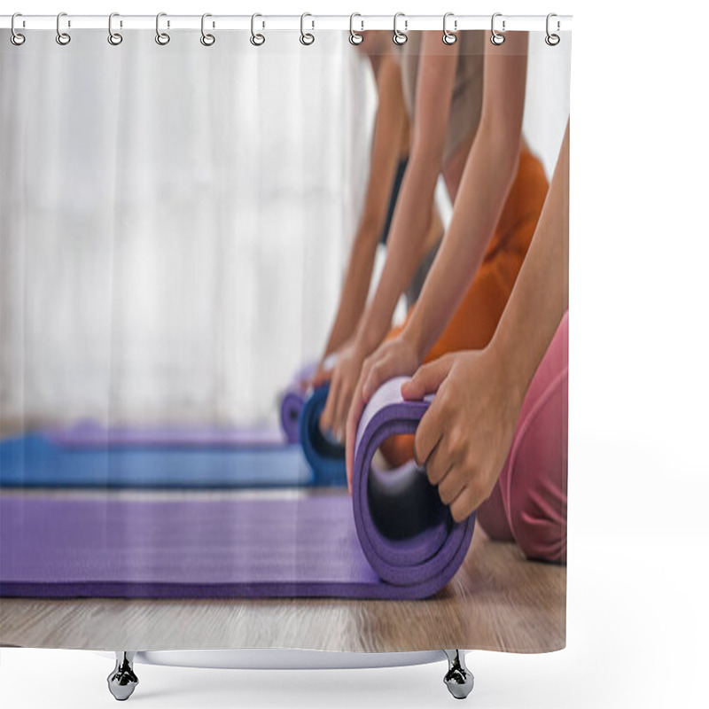 Personality  Close-up Of Hands Rolling Vibrant Yoga Mats, Marking The End Of A Fulfilling Session In A Sunlit Studio Shower Curtains