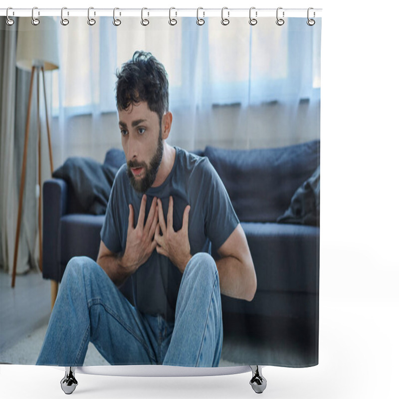 Personality  Ill Traumatized Man With Beard In Homewear Having Severe Panic Attack, Mental Health Awareness Shower Curtains