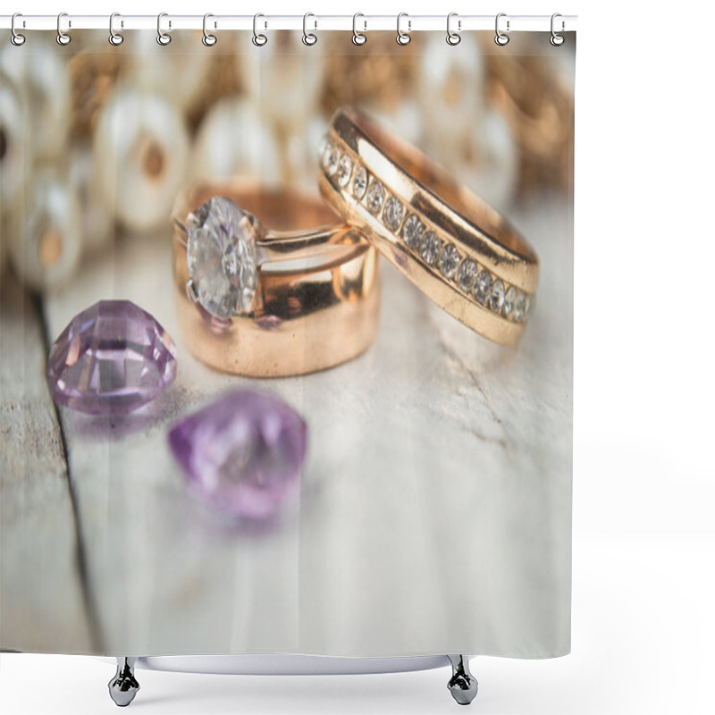 Personality  Golden Wedding Rings On White Wood Background Shower Curtains