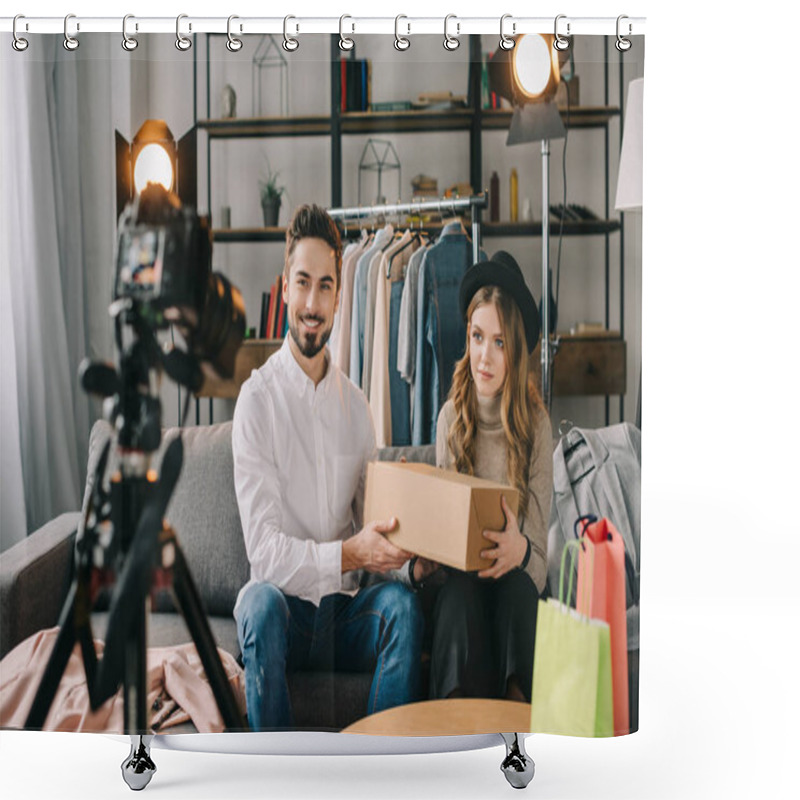 Personality  Smiling Fashion Bloggers Sitting With Box In Front Of Camera Shower Curtains