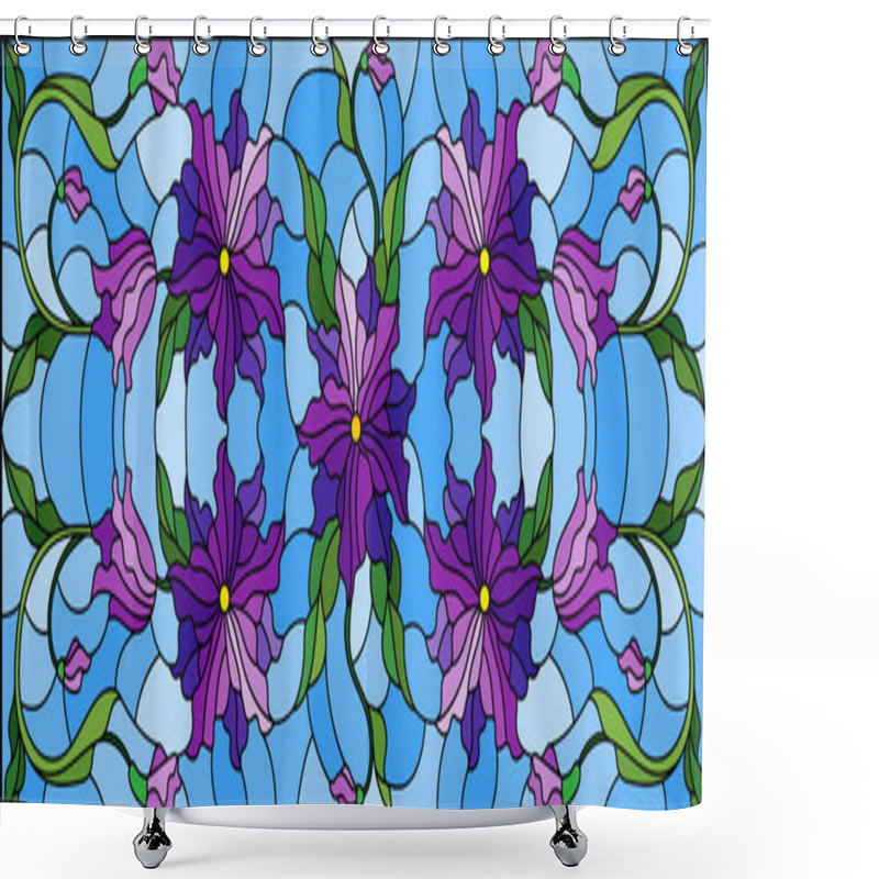 Personality  Illustration In Stained Glass Style With Abstract Intertwined Purple Flowers And Leaves On Blue Background Shower Curtains