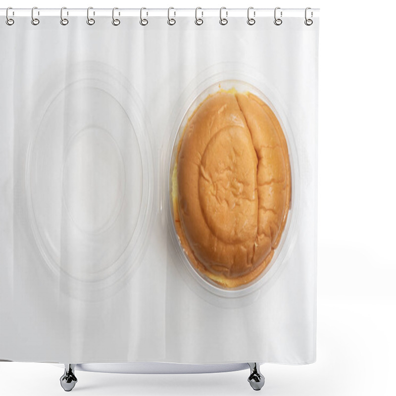 Personality  Top View Of Round Butter Bun Packaged In A Transparent Plastic Container, Set Against A Clean White Background. Ideal For Bakery Promotions, And Food Packaging Designs. Shower Curtains