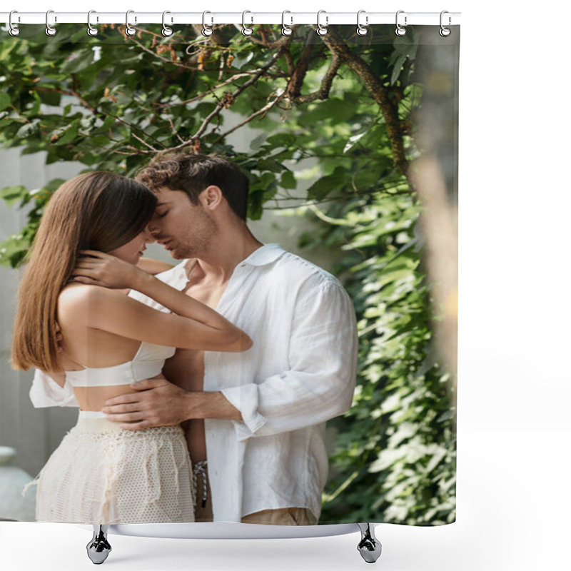 Personality  Hot Couple Embracing During Summer Vacation, Handsome Man And Attractive Woman In White Beach Wear Shower Curtains