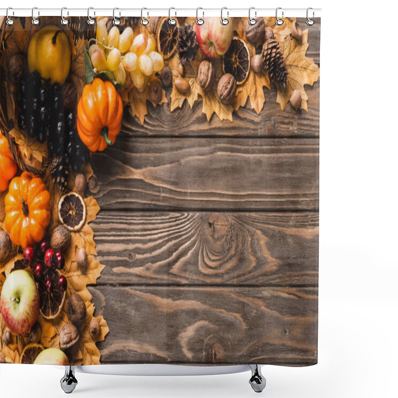 Personality  Top View Of Autumnal Harvest Scattered From Basket On Foliage On Brown Wooden Background Shower Curtains