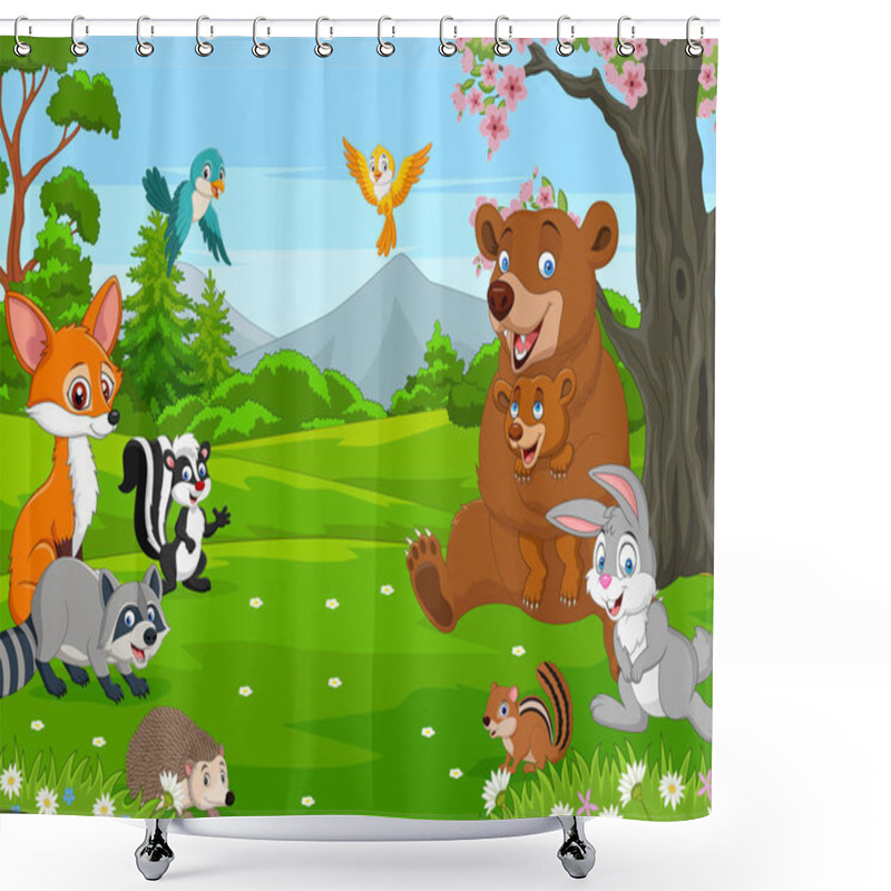 Personality  Vector Illustration Of Group Of Happy Animals Cartoon In The Jungle Shower Curtains