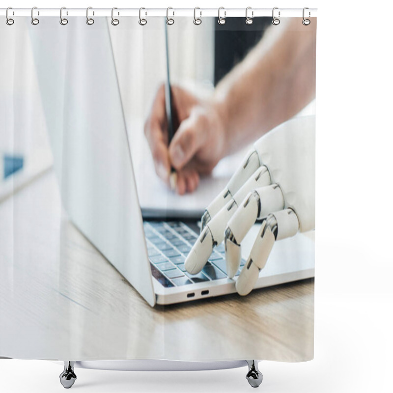 Personality  Close-up View Of Robotic Arm Using Laptop And Human Hand Taking Notes At Wooden Table  Shower Curtains