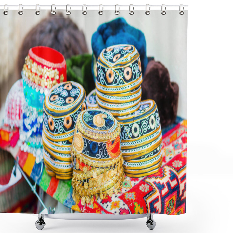 Personality  Azerbaijan Old Style Hats On A Local Market. Oriental Headdress On Festive Fair On Novruz Holiday Shower Curtains