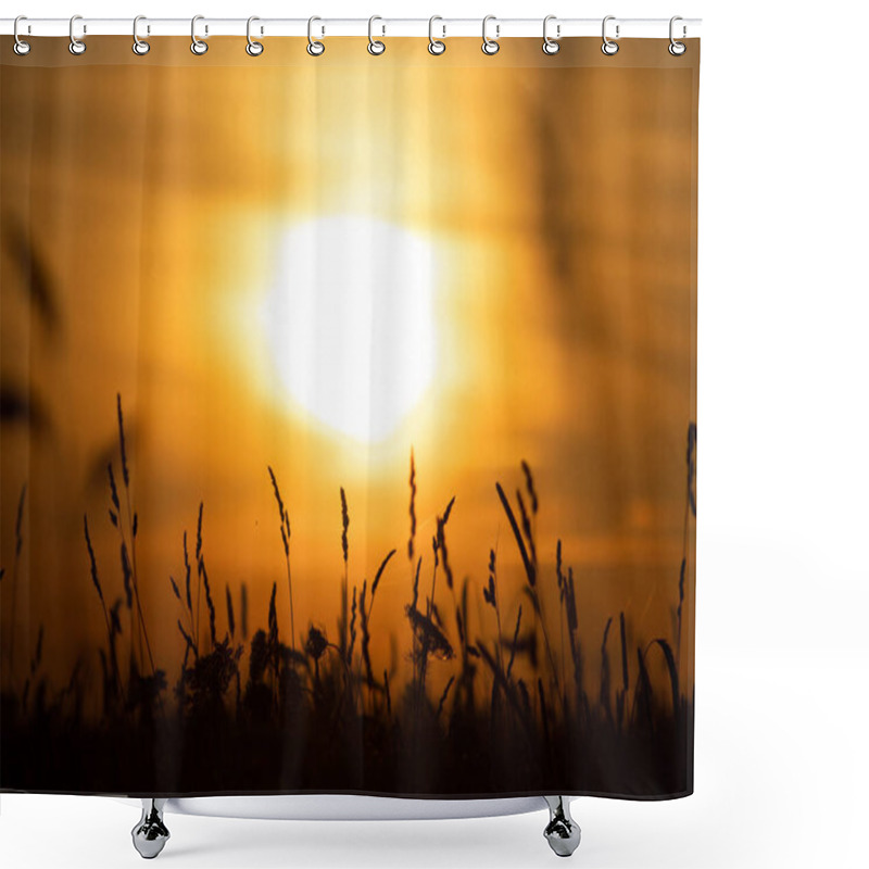 Personality  Silhouettes Of Grass Swaying Gently In The Foreground, Framed By A Warm, Glowing Sunset. A Serene And Atmospheric Depiction Of Nature's Beauty During Golden Hour. Shower Curtains