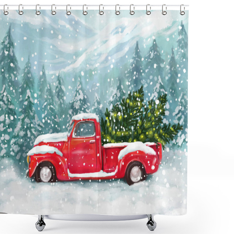 Personality  Christmas Cute Greeting Illustration. Red Pickup Truck With A Christmas Tree In The Back Against A Background Of Forest, Mountains And Snowfall Shower Curtains