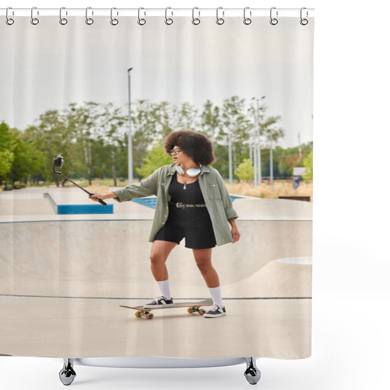 Personality  A Young African American Woman With Curly Hair Confidently Rides A Skateboard At A Bustling Skate Park. Shower Curtains