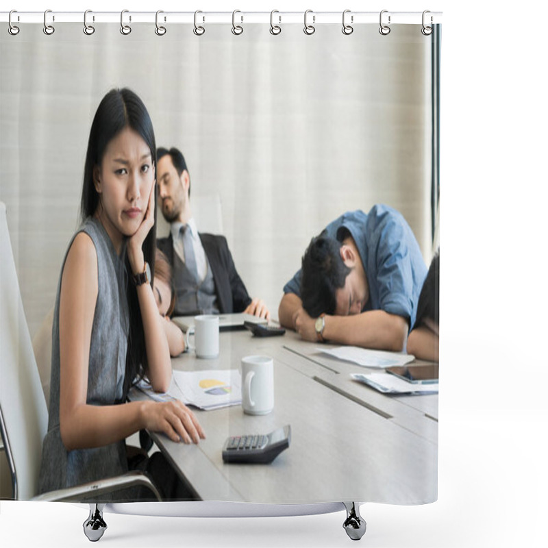 Personality  Bored Business People And Sleeping Resting On Workplace During Work Meeting, Concept Of Exhausted Businesspeople Bored Sleep Tired. Shower Curtains