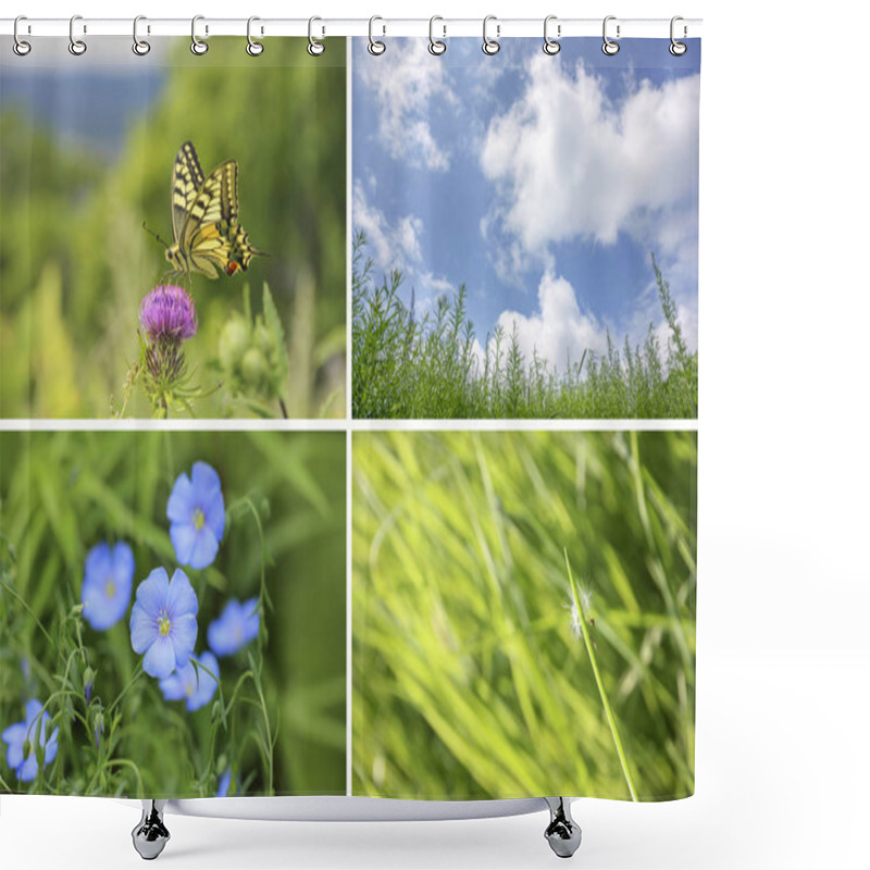 Personality  Collage Of Summer Images. Flowers, Meadow And Blue Sky. Shower Curtains