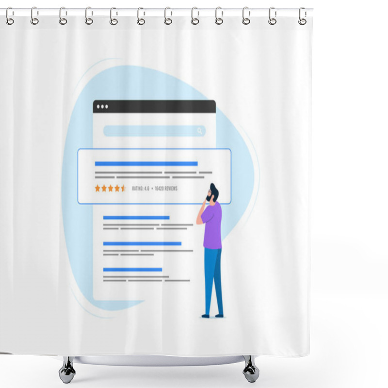 Personality  Review Snippets Concept. SERP Features And Rich Snippets Based On Customer Reviews. Man Studies Search Results And Looks At Site Rating. Vector Isolated Illustration On White Background With Icons. Shower Curtains