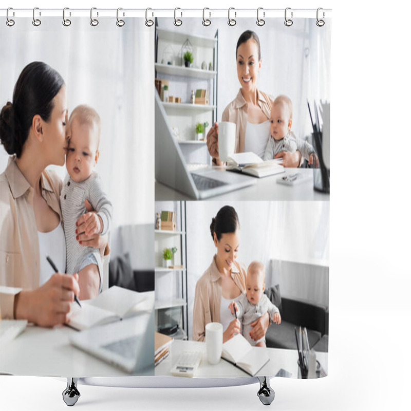 Personality  Collage Of Happy Freelancer Holding In Arms Infant Son And Working From Home  Shower Curtains