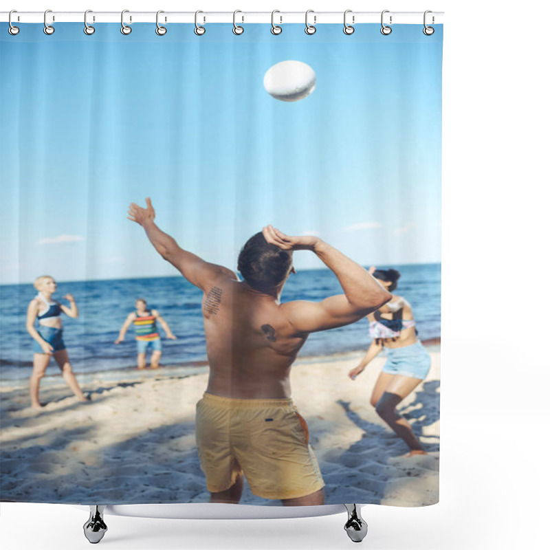 Personality  Interracial Friends Playing Volleyball Together On Sandy Beach Shower Curtains