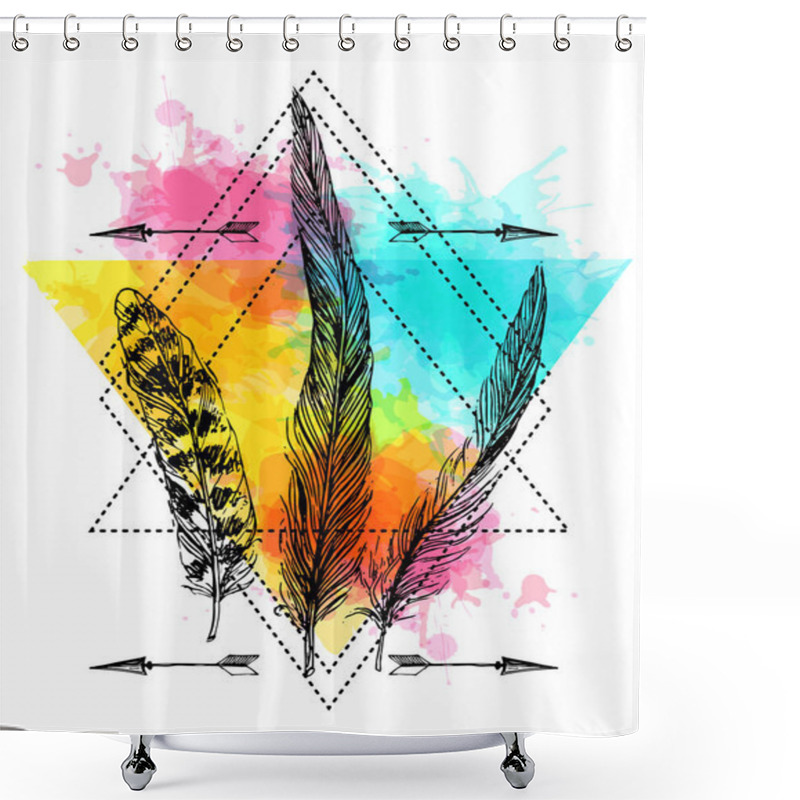 Personality  Feathers Sketch. Hand Drawn Vector Beautiful Illustration. Shower Curtains