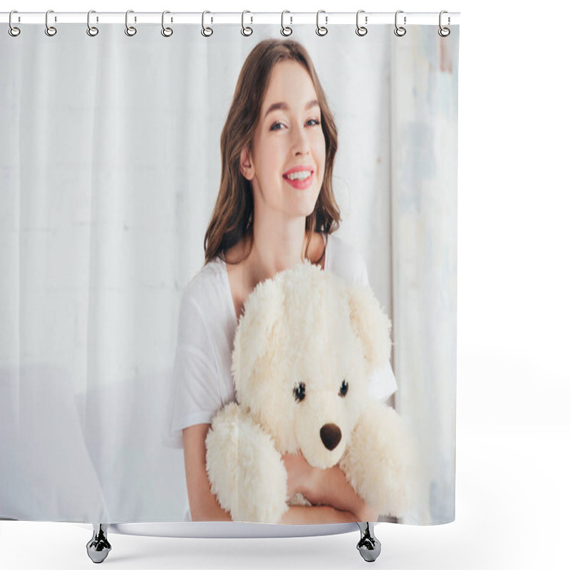 Personality  Selective Focus Of Happy Woman Smiling And Hugging Teddy Bear In Bed Shower Curtains