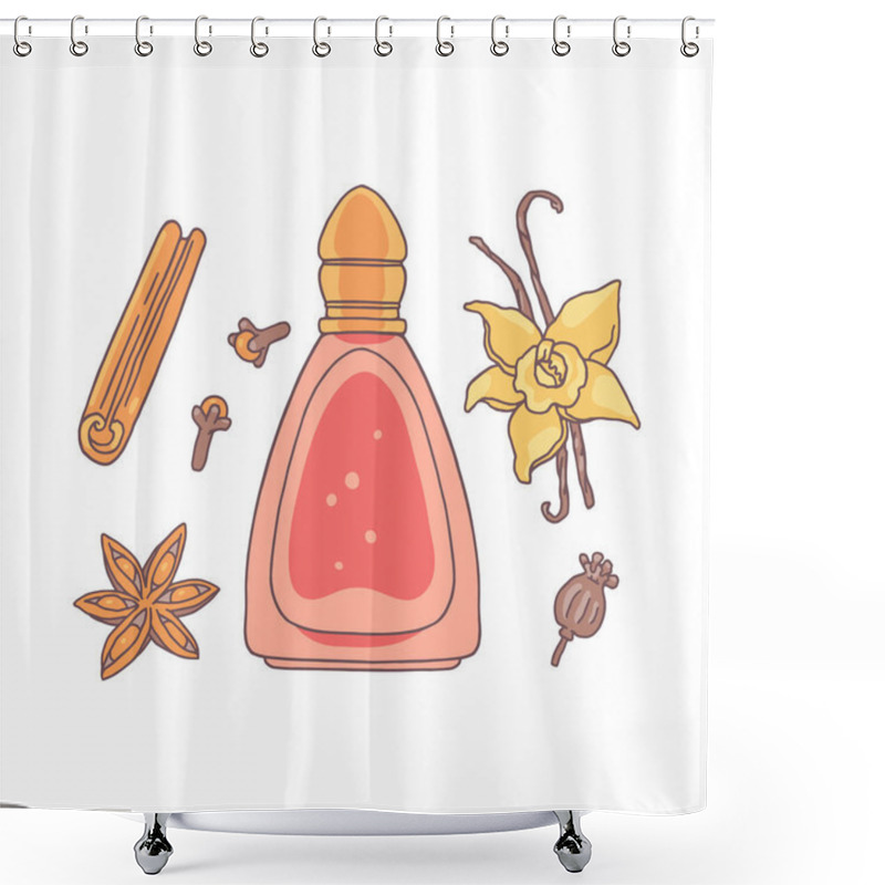 Personality  Vector Illustration Of Set With Perfume Bottle And Flower And Spice Ingredients. Vanilla Aroma With Notes Of Cinnamon, Anise, Poppy And Vanilla Flower. Flat Style, Isolated Background. Shower Curtains