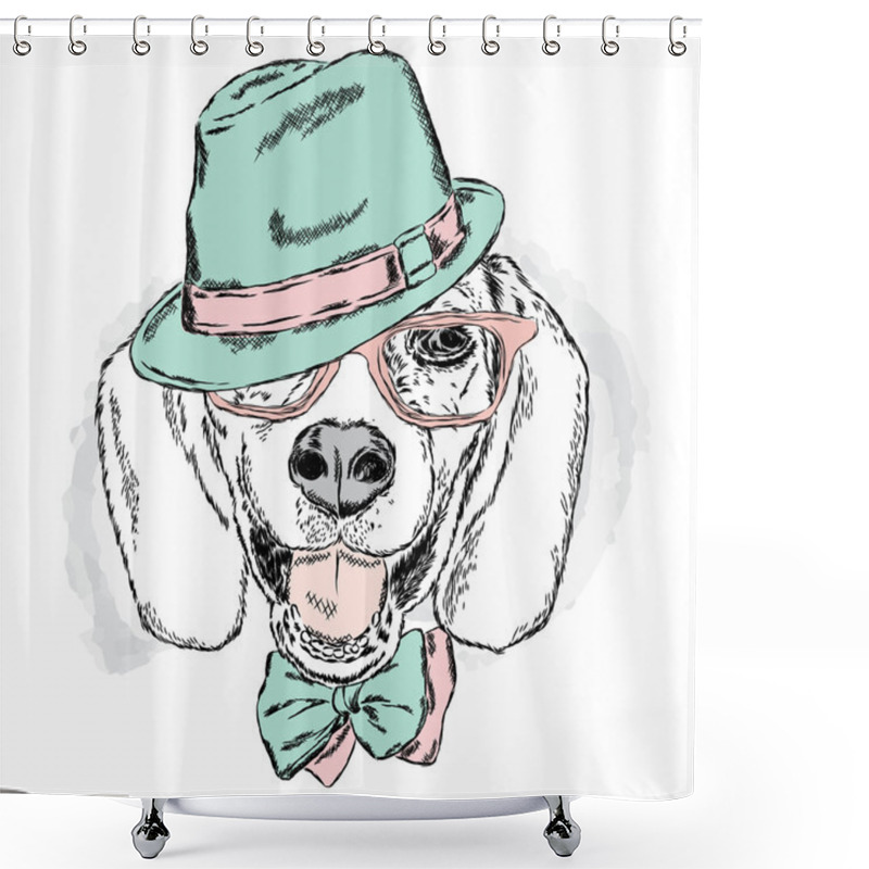 Personality  Funny Dog With Hat And Glasses. Vector Illustration For Greeting Cards , Posters Or Prints On Clothes . Funny Dog. Shower Curtains