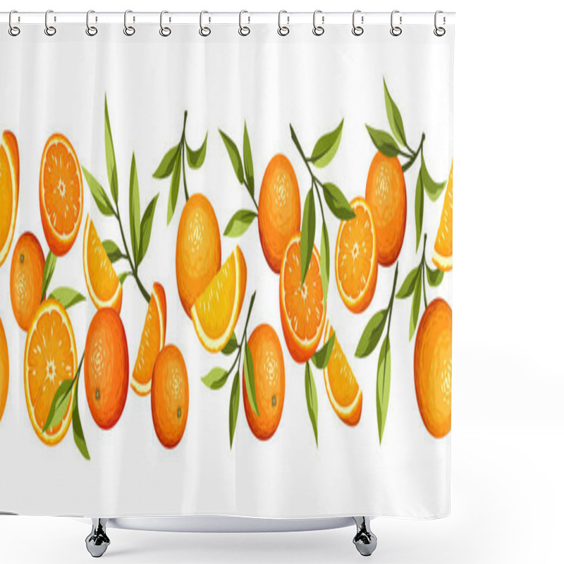 Personality  Vector Horizontal Seamless Border With Citrus Orange Fruit And Green Leaves. Shower Curtains