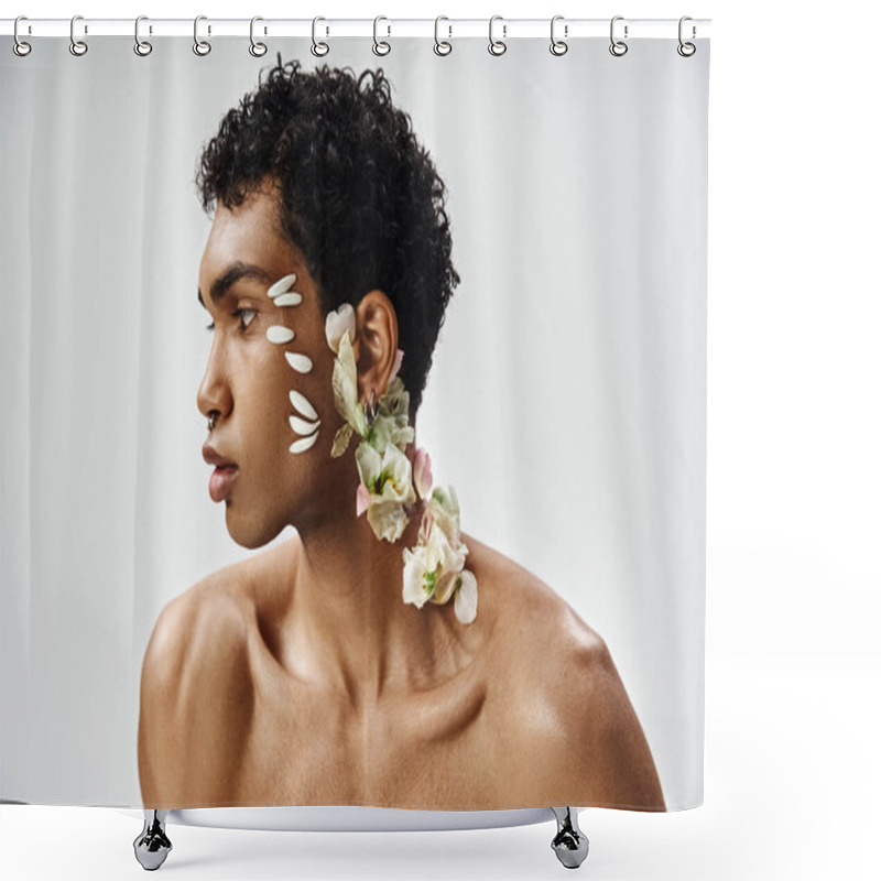 Personality  A Young, Muscular African American Man Poses Against A Grey Background, Adorned With Delicate White Flowers On His Face And Neck. Shower Curtains