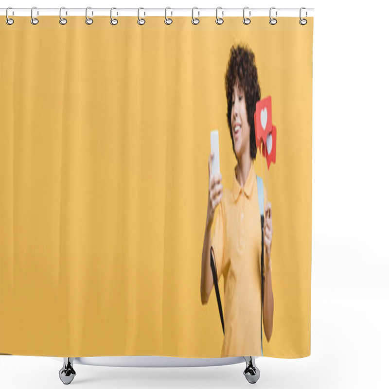 Personality  Smiling Schoolboy Holding Sticks With Paper Hearts And Using Smartphone Isolated On Yellow, Banner  Shower Curtains