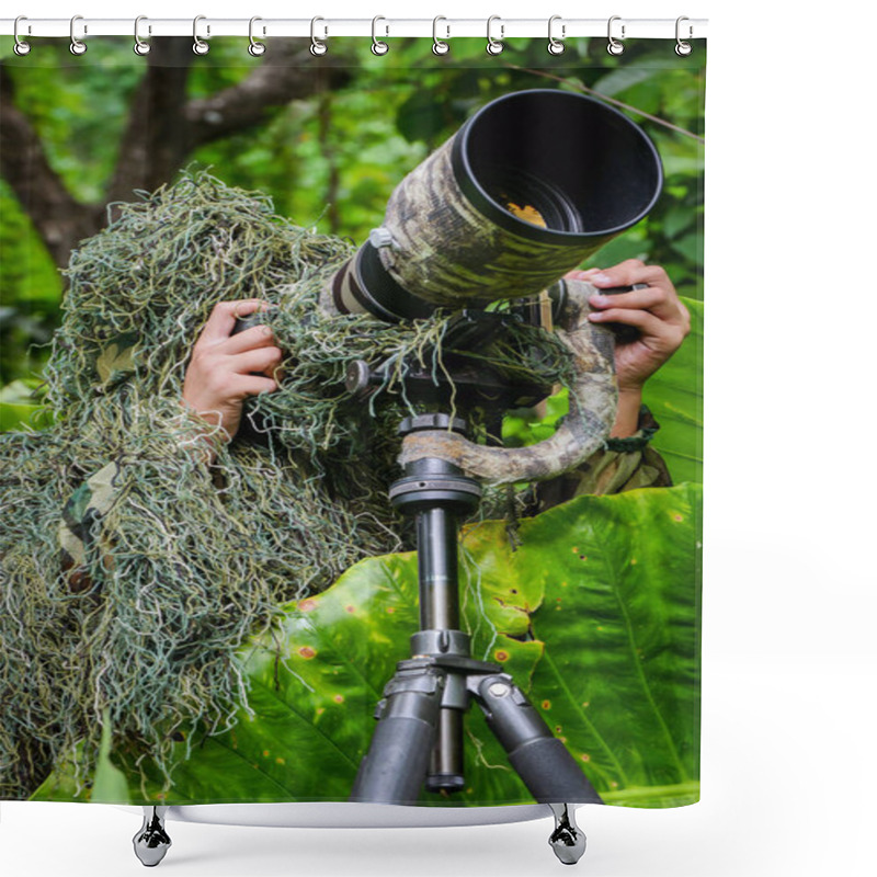 Personality  Camouflage Wildlife Photographer In The Ghillie Suit Working In The Wild Shower Curtains