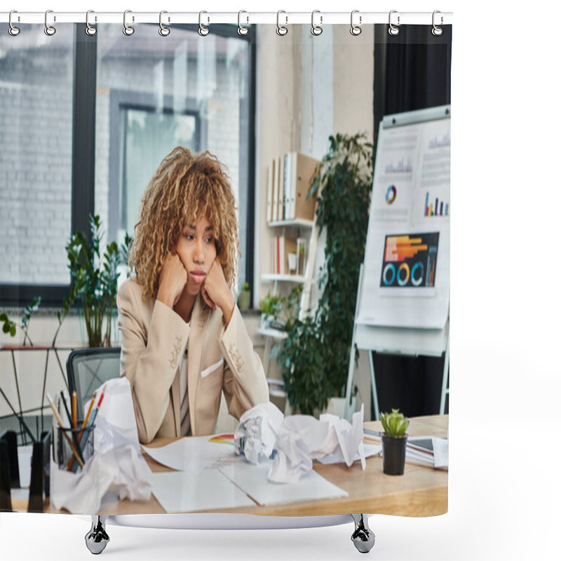 Personality  Tired Curly African American Businesswoman At Her Desk Crumpled Papers, Stress At Work Concept Shower Curtains