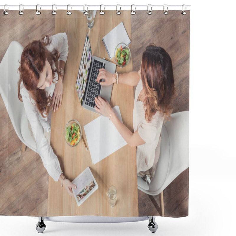 Personality  Top View Of Buisnesswomen Having Lunch Together And Using Laptop And Tablet At Office Shower Curtains