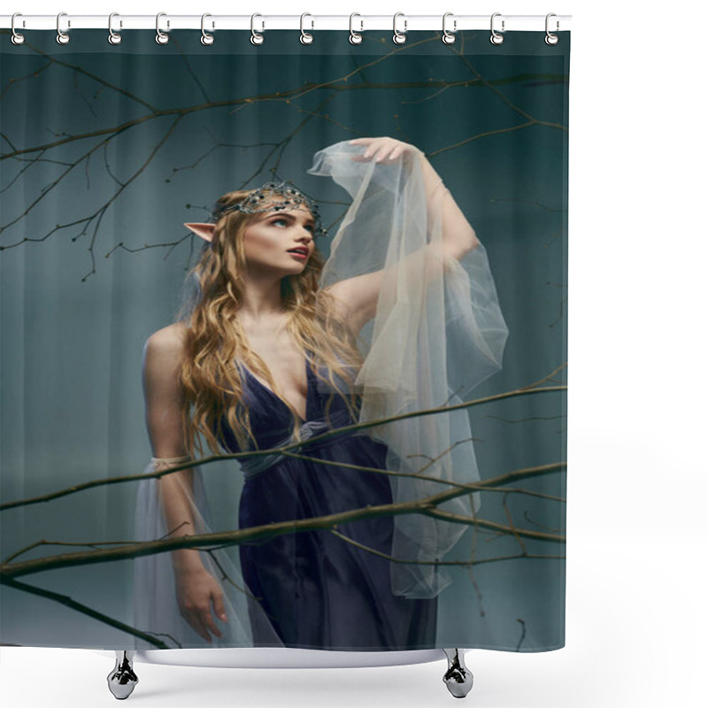 Personality  A Young Woman Exudes Fairy And Fantasy Vibes, Dressed In A Beautiful Blue Dress With A Delicate White Veil. Shower Curtains