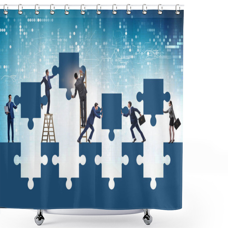 Personality  Businessman In Teamwork Concept With Jigsaw Puzzle Shower Curtains