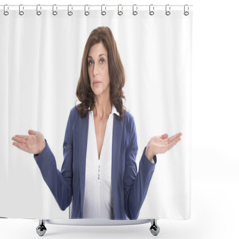 Personality  Satisfied Middle-aged Woman In Blue - Isolated Over White Backgr Shower Curtains