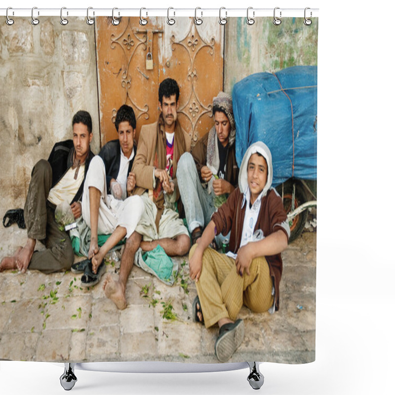 Personality  Men And Boys Chewing Street Qat Khat Sanaa City Yemen Shower Curtains