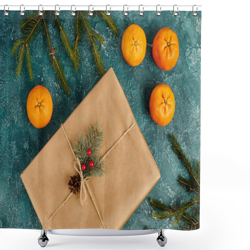 Personality  Decorated Gift Box Near Ripe Mandarins And Pine Branches On Blue Textured Backdrop, Christmas Theme Shower Curtains