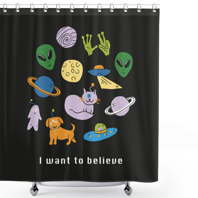 Personality  Set On A Space Theme With Doodle Aliens Monsters Shower Curtains