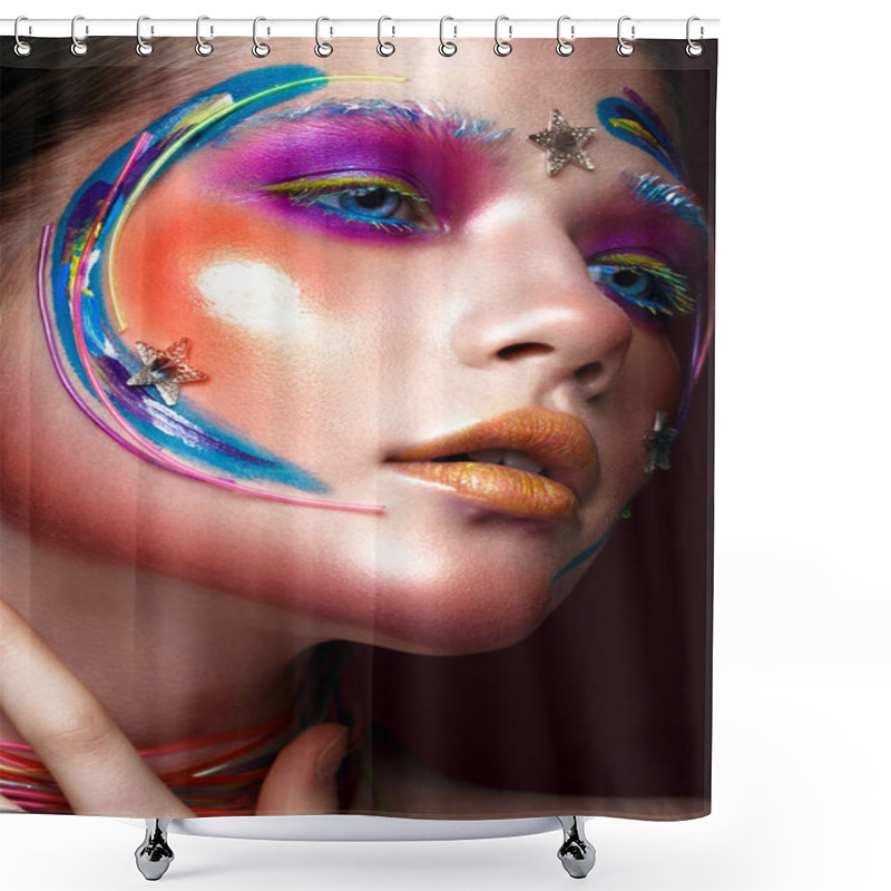 Personality  Beautiful Girl With Creative Make-up In Pop Art Style. Beauty Face. Shower Curtains